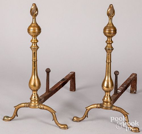 Pair of brass andirons, late 18th c.
