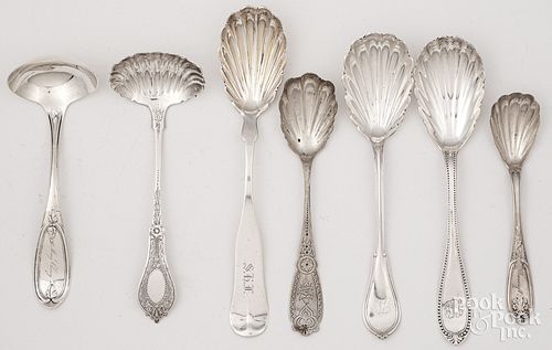 Seven coin silver serving utensils