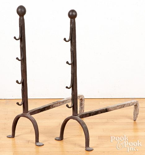 Pair of large wrought iron andirons, 18th/19th c.