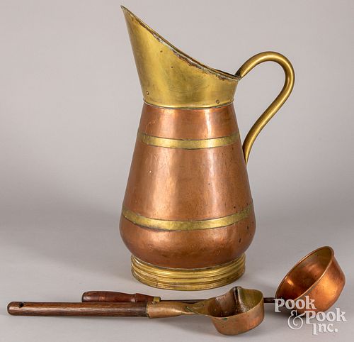 Large brass and copper pitcher, ladles