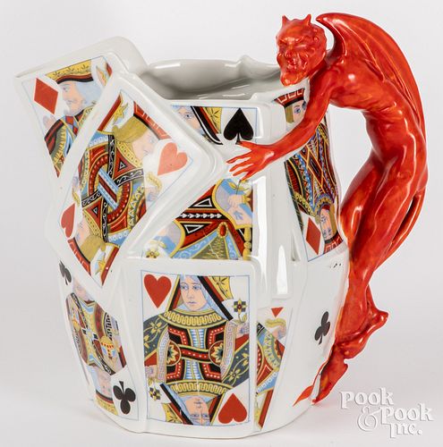 Royal Bayreuth devil and cards porcelain pitcher