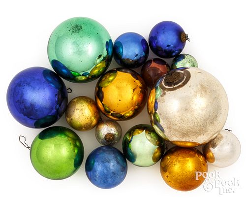 Fifteen Kugel glass Christmas ornaments