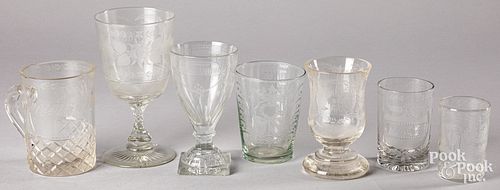 Seven pieces of early etched colorless glass