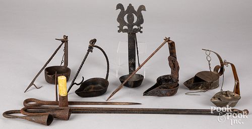 Group of lighting, to include iron candle holders
