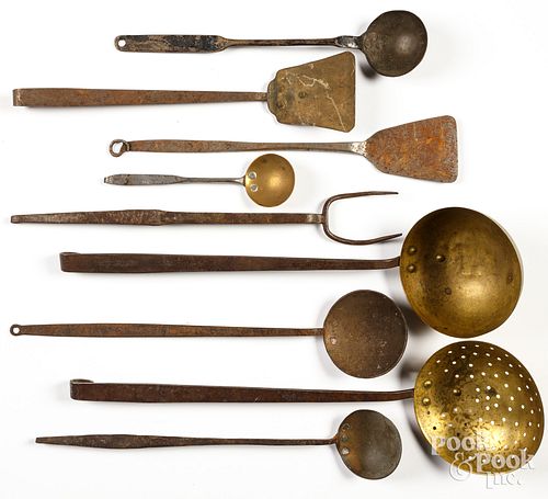 Nine long handled iron utensils, 19th c.