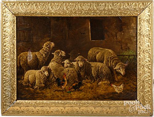 Oil on canvas farmscene with sheep, late 19th c.