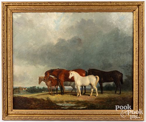 Oil on canvas landscape with horses, late 19th c.
