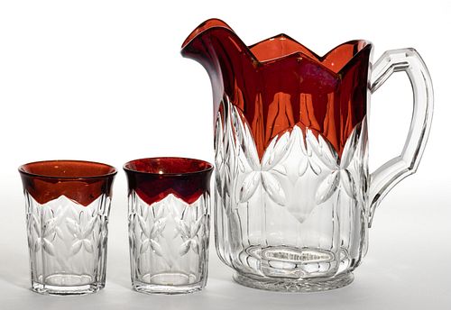 NEW MARTINSVILLE NO. 721 / STUDIO - RUBY-STAINED THREE-PIECE WATER SET