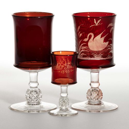 PAVONIA - RUBY-STAINED DRINKING ARTICLES, LOT OF THREE