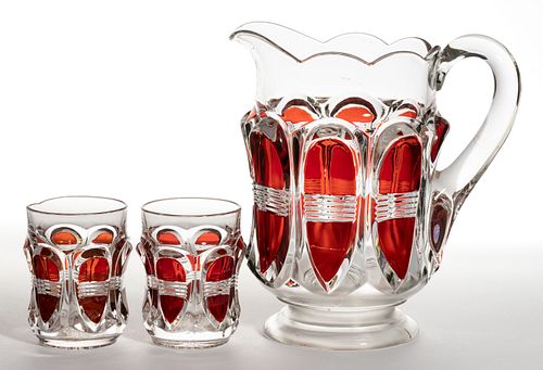 BARRED OVAL - RUBY-STAINED THREE-PIECE WATER SET