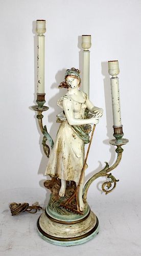 Vintage painted regule figural lamp after Moreau