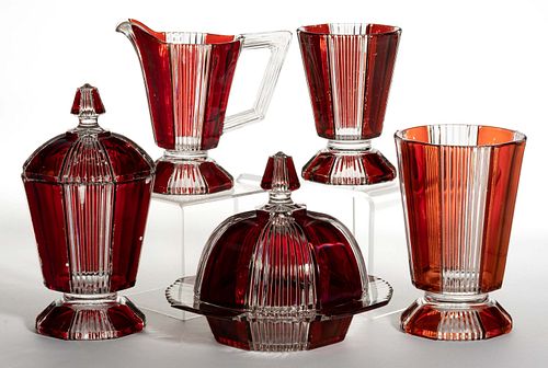 PLEATING - RUBY-STAINED FIVE-PIECE TABLE SET