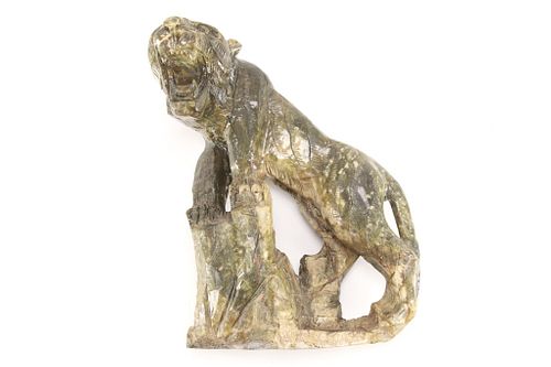 Olive Drab Climbing Lion Jadeite Carved Sculpture