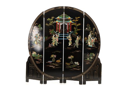4-Panel Black Lacquer Chinese Round Folding Screen