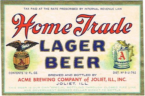 1954 Home Trade Lager Beer 12oz IL81-04v Label Joliet Illinois