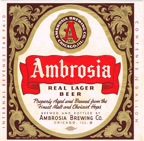 1940 Ambrosia Real Lager Beer Half Gallon Picnic IL08-21 Label Chicago Illinois