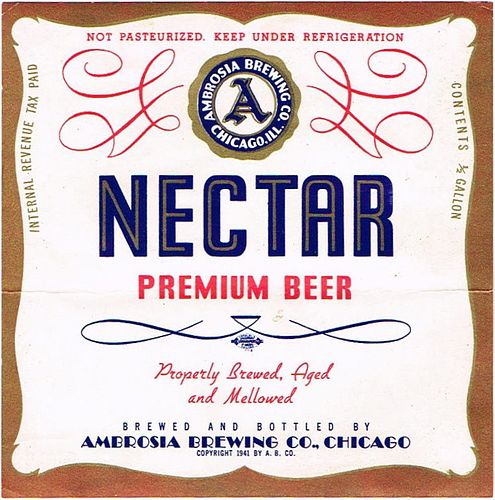 1942 Nectar Premium Beer Half Gallon Picnic IL08-23 Label Chicago Illinois