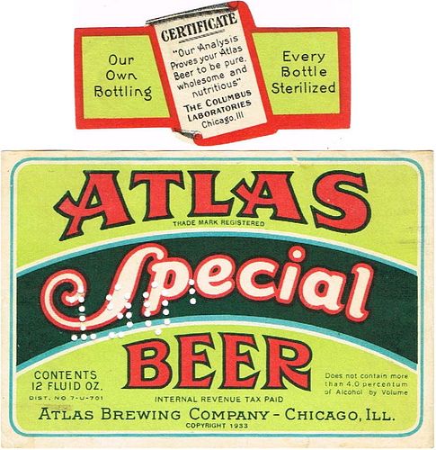 1933 Atlas Special Beer 12oz IL11-24 Label Chicago Illinois