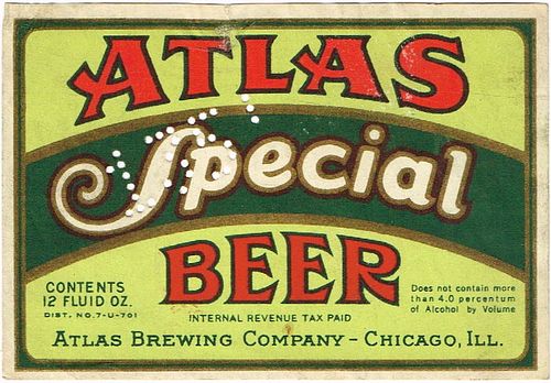 1935 Atlas Special Beer  12oz IL11-24v1 Label Chicago Illinois