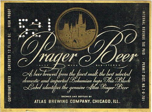 1933 Prager Beer "High Proof" 12oz IL12-14 Label Chicago Illinois