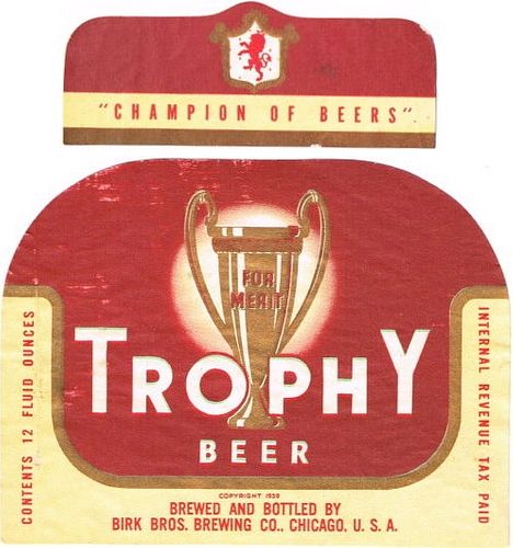 1939 Trophy Beer 12oz IL16-11v Label Chicago Illinois