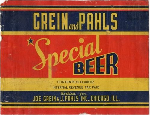 1937 Grein & Pahls Special Beer 12oz IL64-19V Label Chicago Illinois