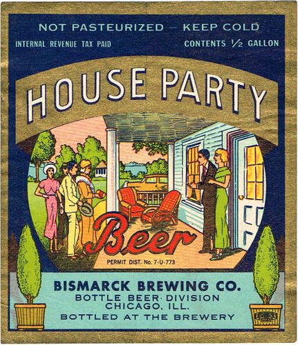 1935 House Party Beer Half Gallon Picnic IL18-21 Label Chicago Illinois