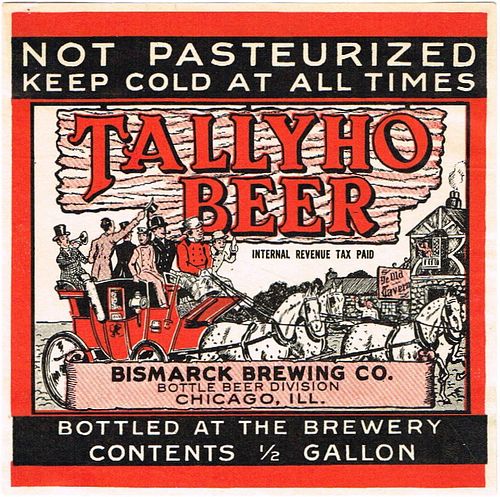 1940 Tally Ho Beer Half Gallon Picnic IL19-02 Label Chicago Illinois