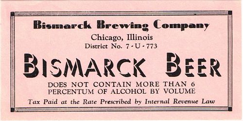 1933 Bismarck Beer Case Label IL19-15v Label Chicago Illinois