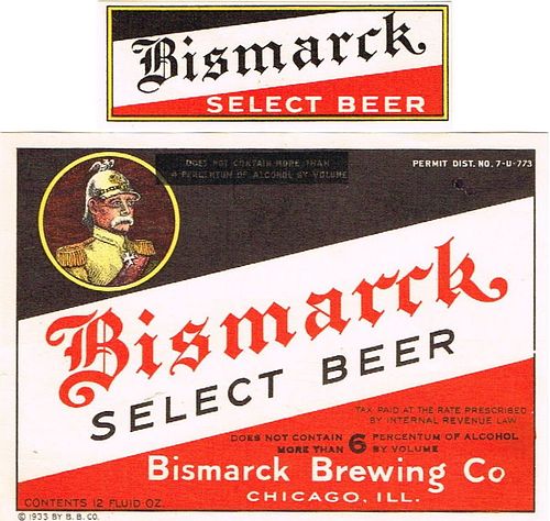 1934 Bismarck Select Beer 12oz IL17-23 Label Chicago Illinois