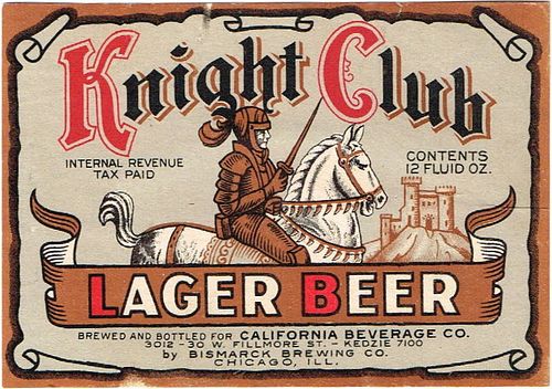 1939 Knight Club Lager Beer 12oz IL58-11 Label Chicago Illinois