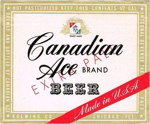 1948 Canadian Ace Beer Half Gallon Picnic IL20-18 Label Chicago Illinois