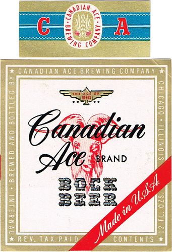 1948 Canadian Ace Bock Beer 12oz IL20-10 Label Chicago Illinois