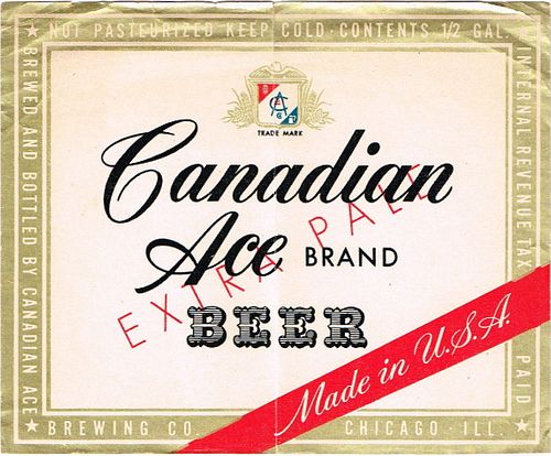 1948 Canadian Ace Ale Half Gallon Picnic IL20-06 Label Chicago Illinois