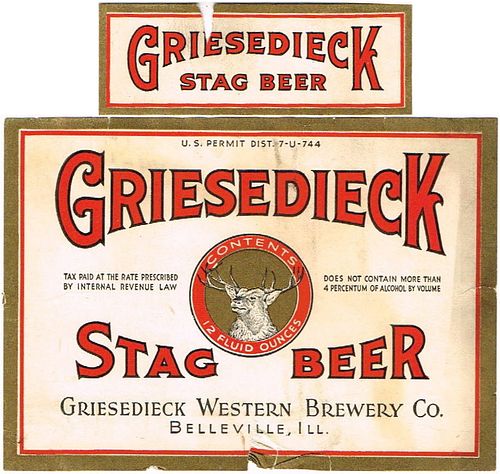 1934 Griesedieck Stag Beer 12oz IL6-20 Label Belleville Illinois