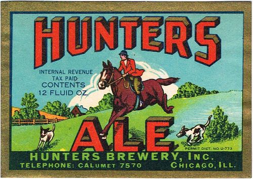 1940 Hunter's Ale 12oz IL66-03 Label Chicago Illinois