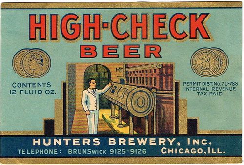 1936 High-Check Beer 12oz IL65-20 Label Chicago Illinois
