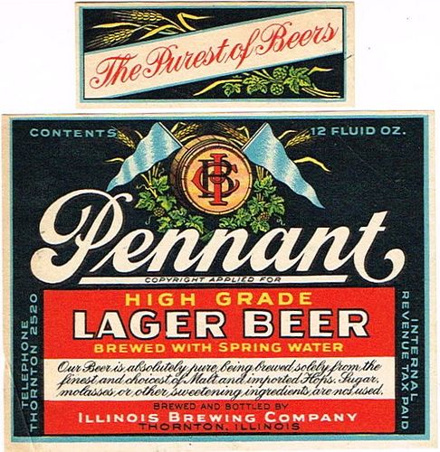 1938 Pennant Lager Beer 12oz IL104-07 Label Thornton Illinois
