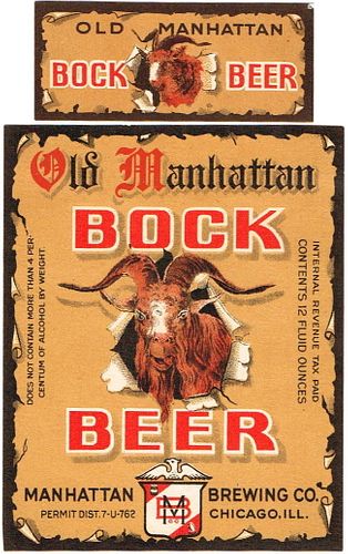 1934 Old Manhattan Bock Beer 12oz IL33-03 Label Chicago Illinois