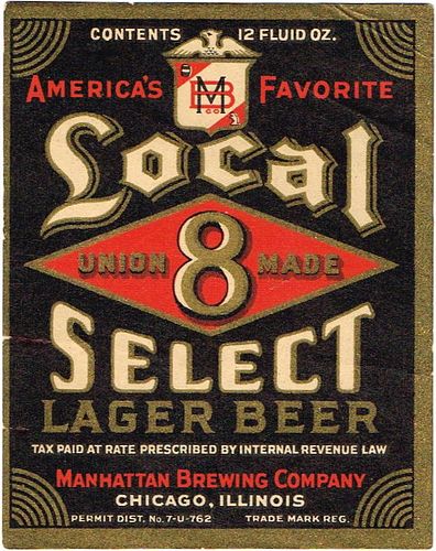 1934 Local 8 Select Lager Beer 12oz IL34-10 Label Chicago Illinois