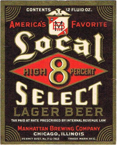 1933 Local 8 Select Lager Beer 12oz IL34-09 Label Chicago Illinois