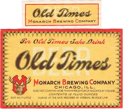1935 Old Times Beer 12oz IL36-12 Label Chicago Illinois