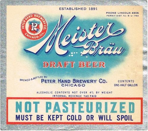 1933 Meister Bräu Draft Beer Half Gallon Picnic IL27-13 Label Chicago Illinois