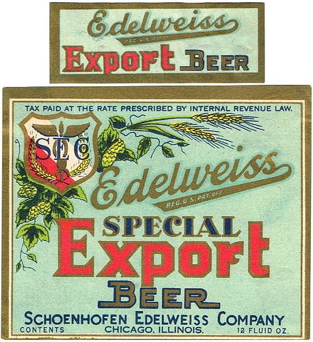 1936 Edelweiss Special Export Beer 12oz IL46-01 Label Chicago Illinois