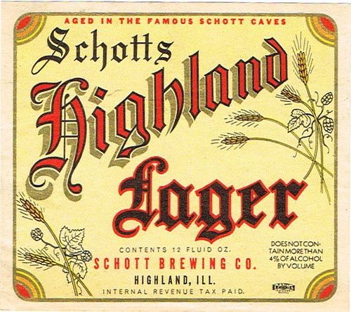 1937 Schott's Highland Lager Beer 12oz IL80-12 Label Highland Illinois