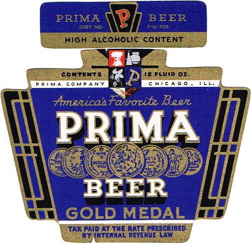 1933 Prima Gold Medal Beer 12oz IL40-20 Label Chicago Illinois