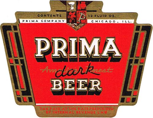 1935 Prima Dark Beer 12oz IL40-13 Label Chicago Illinois