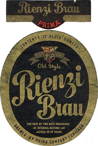 1936 Rienzi Brau Beer 12oz IL40-02 Label Chicago Illinois