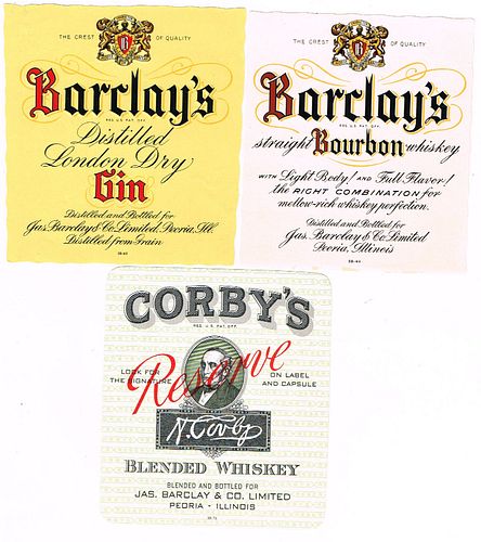 Circa 1950 Lot of 3 James Barclay Distillery Whiskey Labels Peoria Illinois