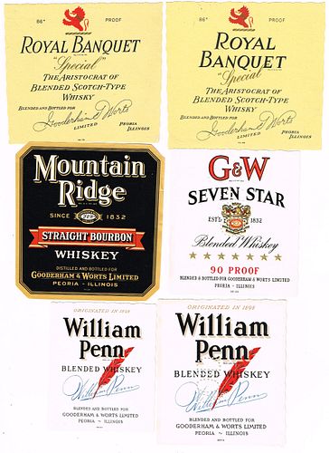 Circa 1950 Lot of 17 Gooderham & Worts Distillery Whiskey Labels Peoria 